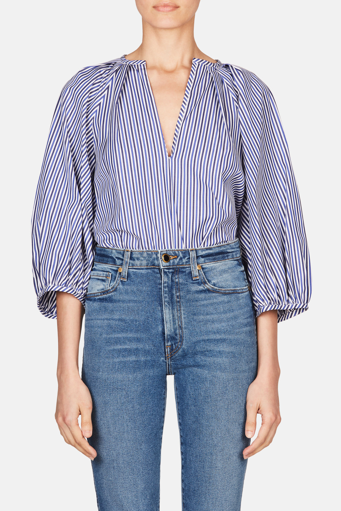 Striped Puff Sleeve Shirt - Navy/White – The Line