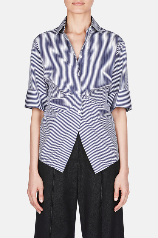 Shirt 52 Gathered Waist Shirt - White/Indigo Stripe Thin – The Line