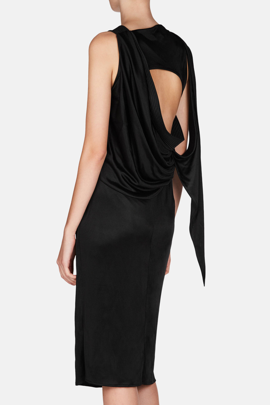 draped open back dress