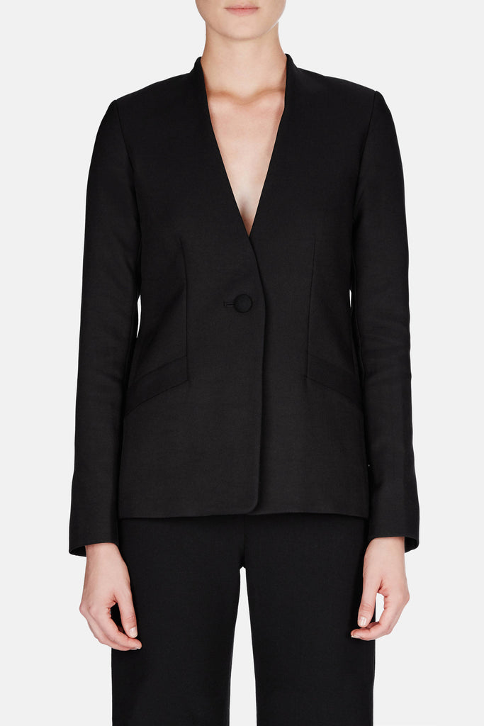 Jacket 08 Collarless Jacket with Angled Pockets - Black – The Line