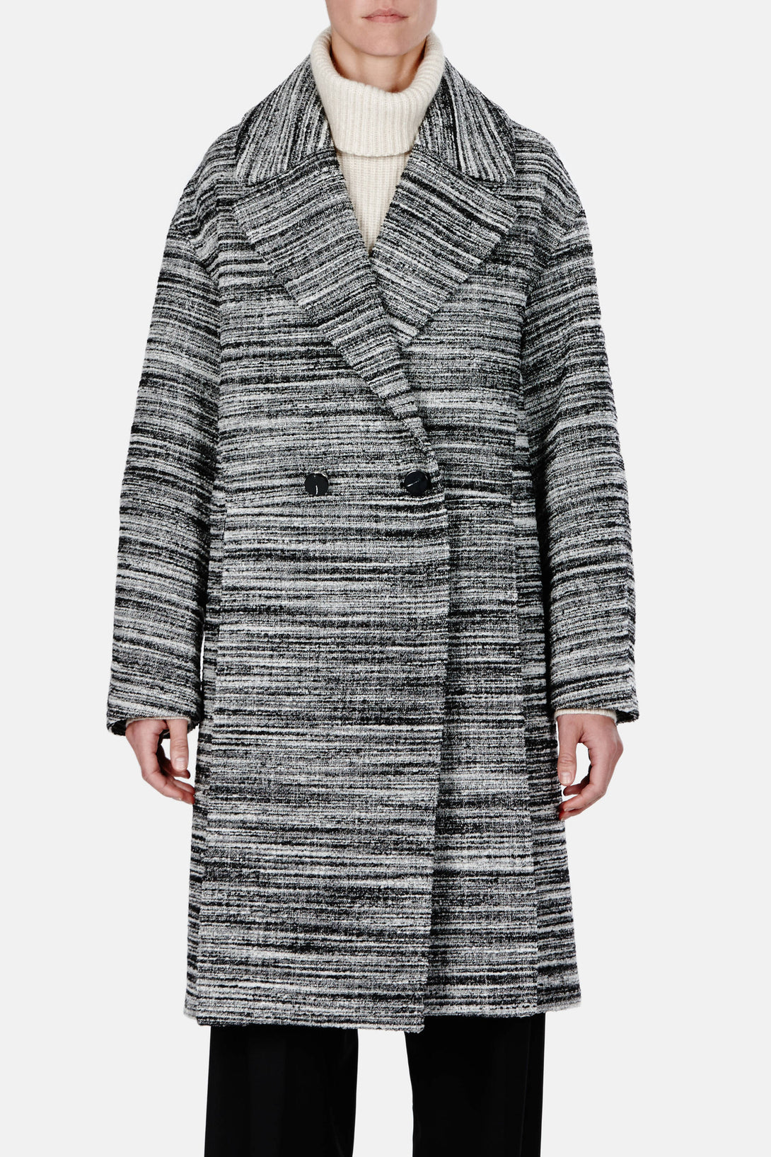 Double Wool Tweed DB Long Coat - Black/White Melange – The Line