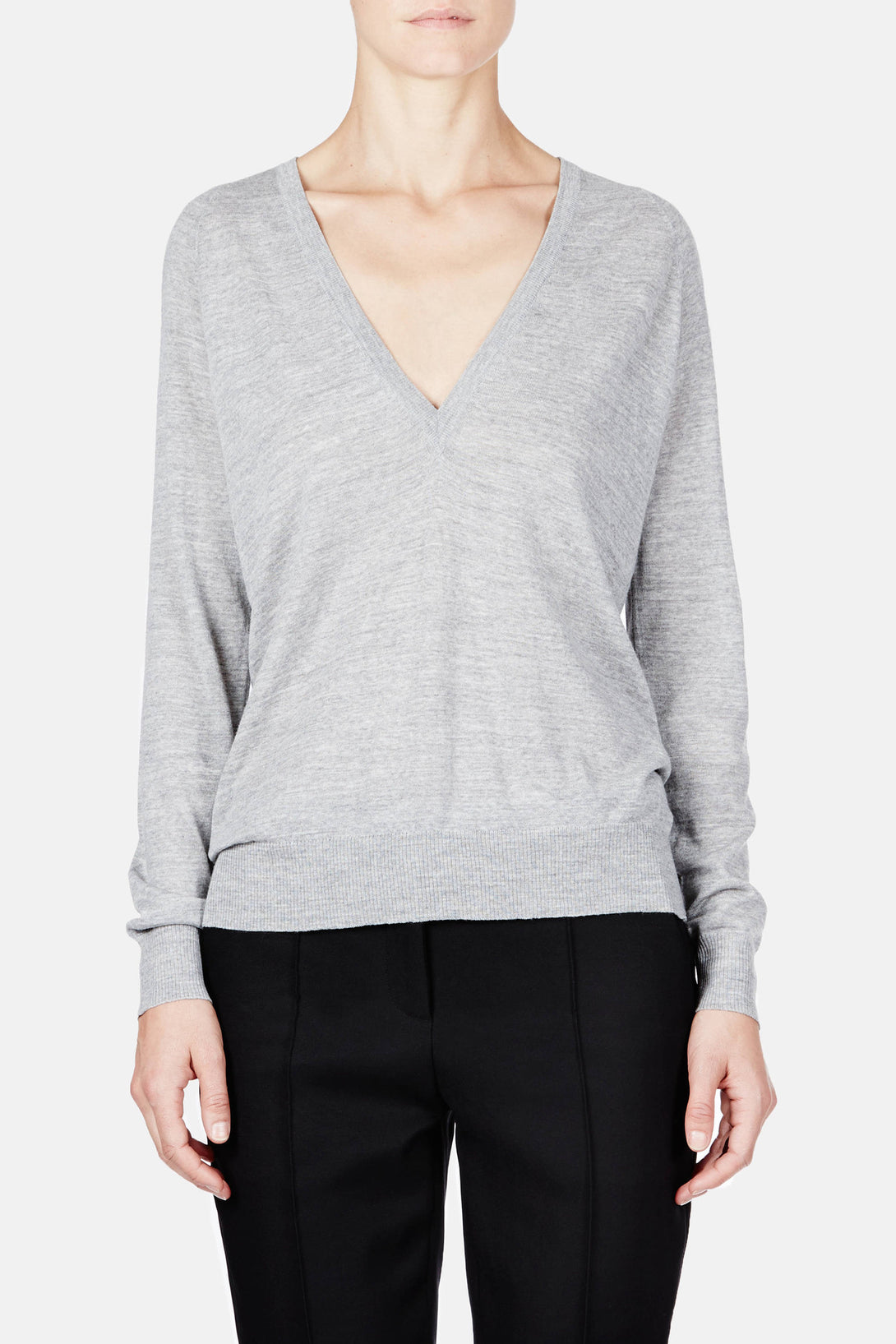 Superfine Merino L/S Deep V-Neck Sweater - Light Grey Melange – The Line