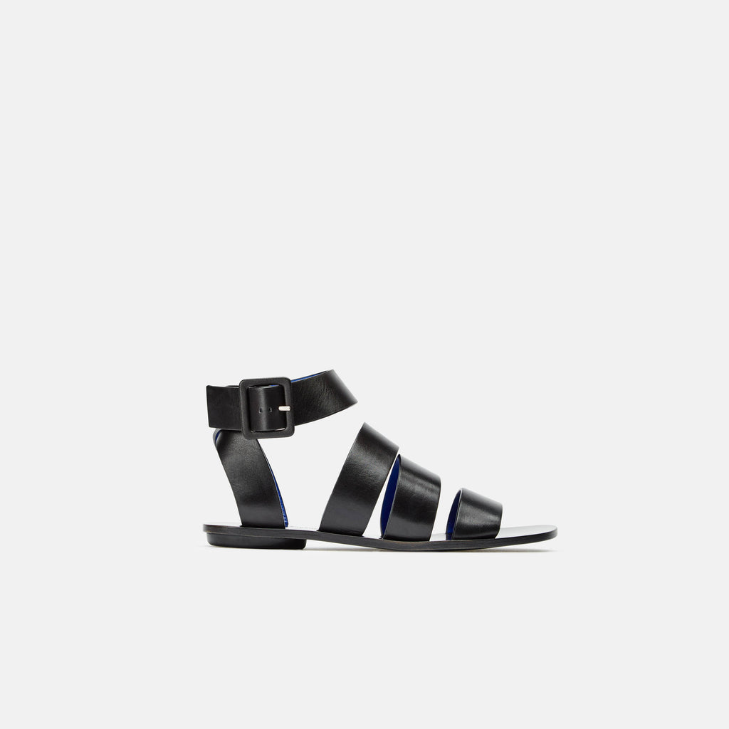 Triple Strap Flat Sandal w/Ankle Strap - Black – The Line