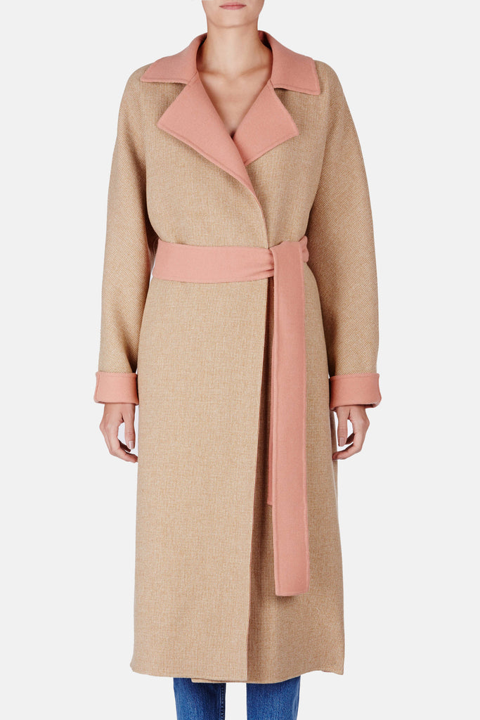 Coat 05 Exaggerated Overcoat with Belt - Tan Herringbone/Blush – The Line