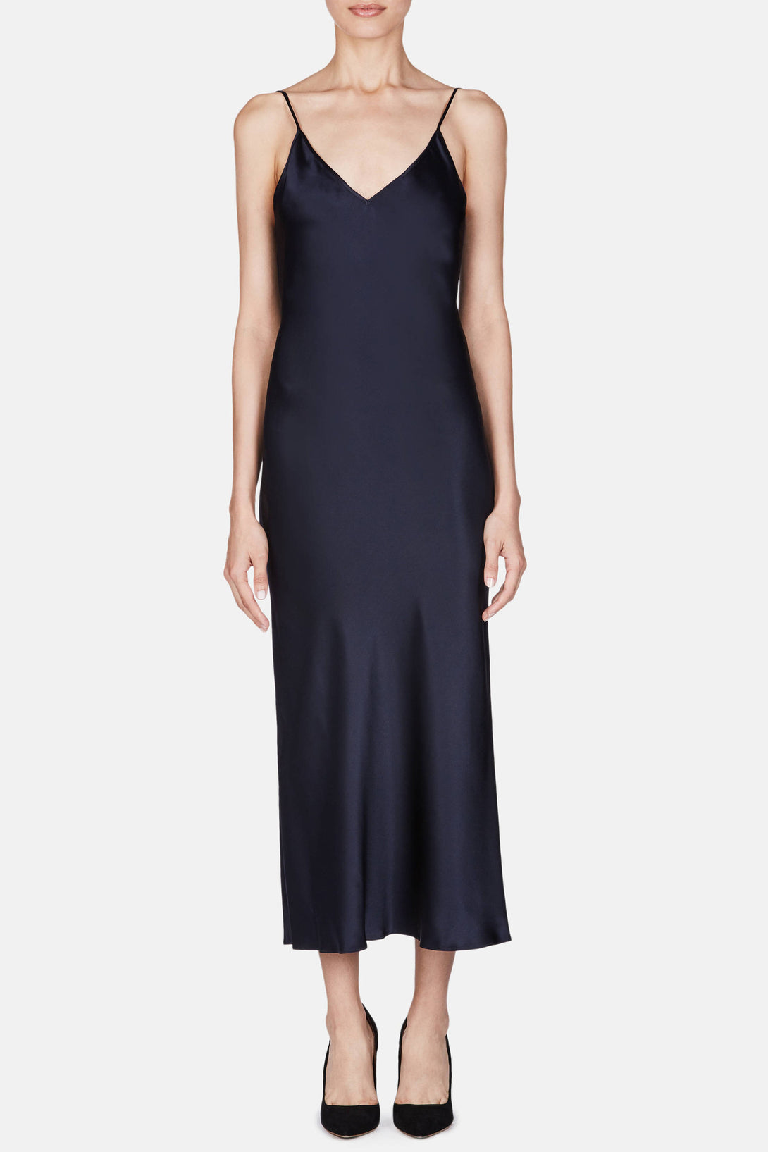 navy silk slip dress