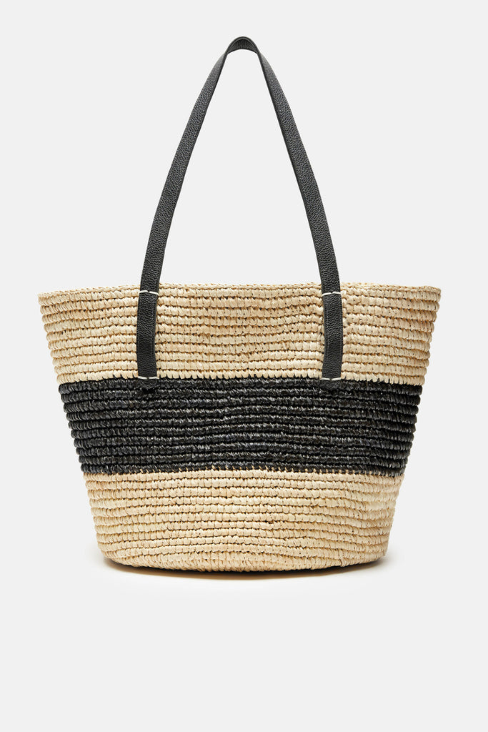 Maxi Striped Tote with Leather Handles - Natural/Black – The Line