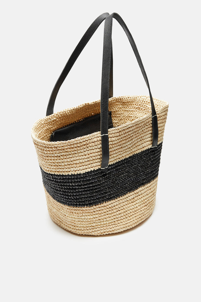 Maxi Striped Tote with Leather Handles - Natural/Black – The Line