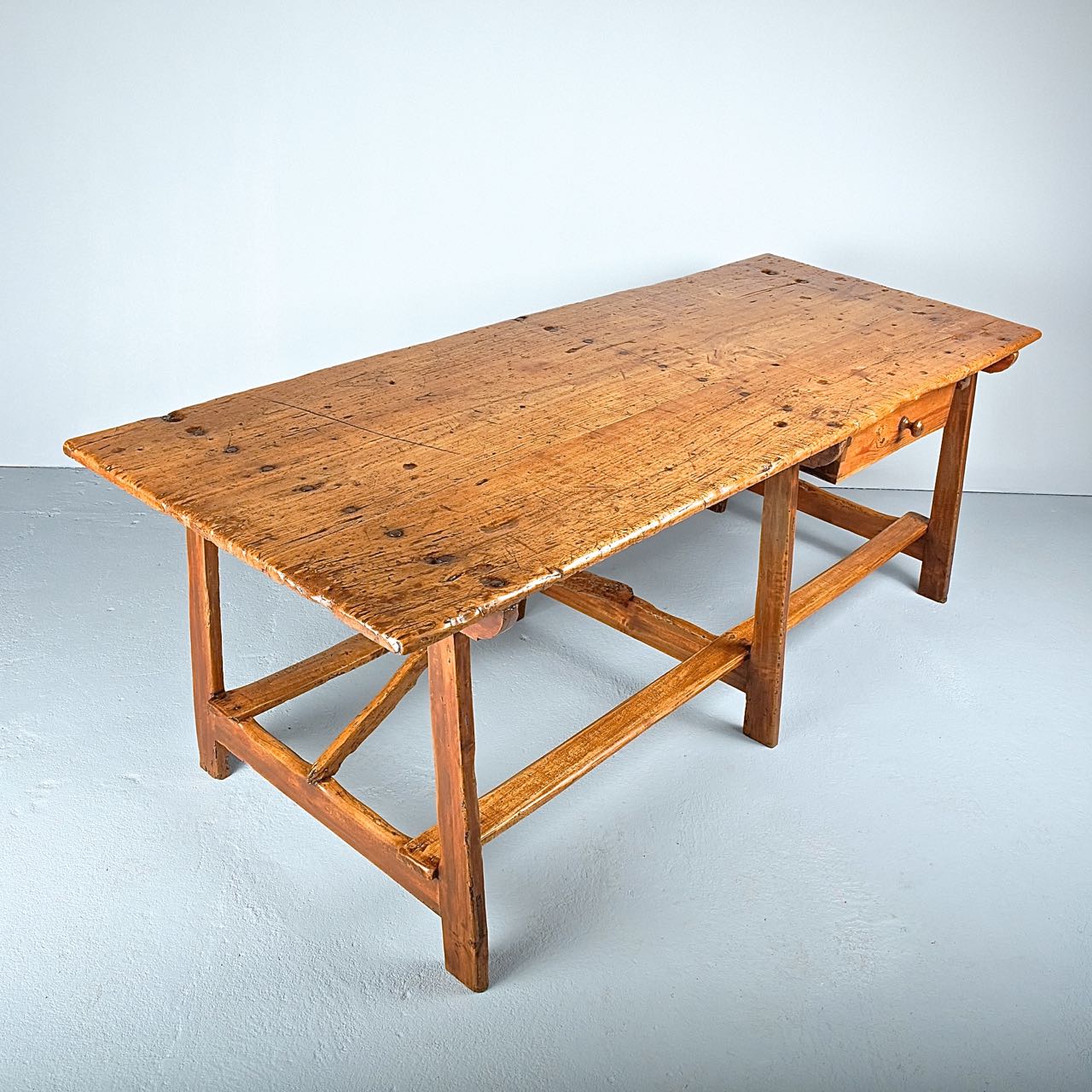 Antique trestle leg Pyrenees dining table, poplar