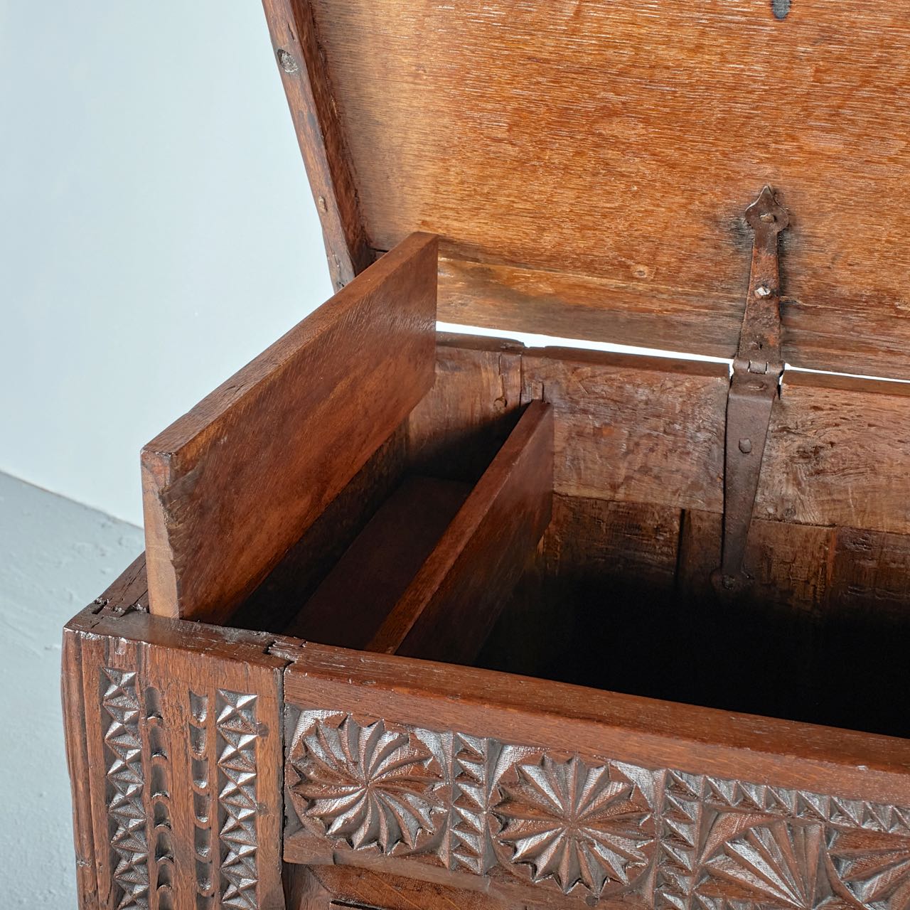 Antique carved Basque arms chest, holm oak