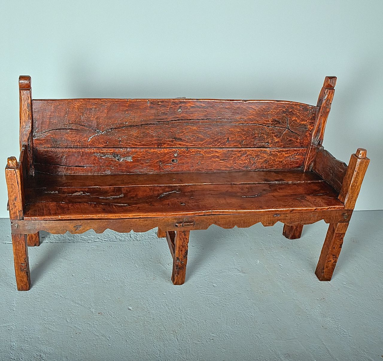 Antique high-back Pyrenees village bench, holm oak