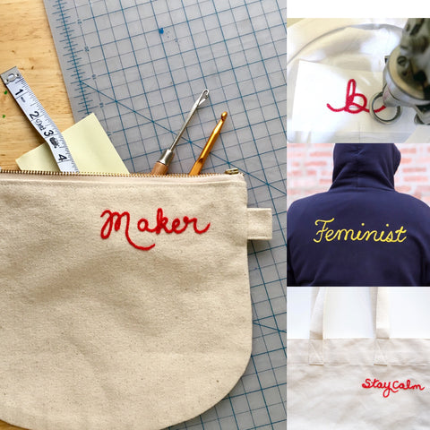 Custom chainstitch lettering on sweatshirts and bags