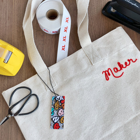 Maker tote with chainstitch embroidery lettering