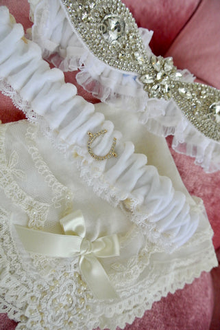 wedding garters created using mother's wedding dress 