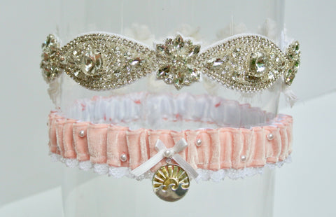 custom wedding garter set made using mom's dress fabric 