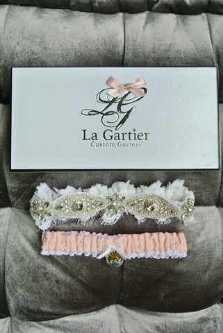 custom wedding garter set made using mother's dress materials 