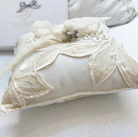 ring bearer pillow made using grandmother's wedding dress materials 