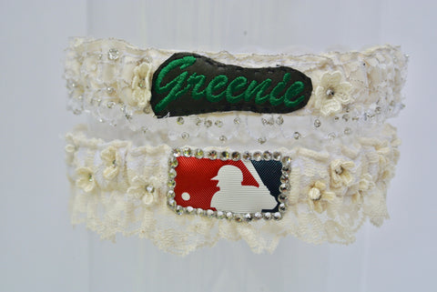 custom wedding garter set made using baseball glove 