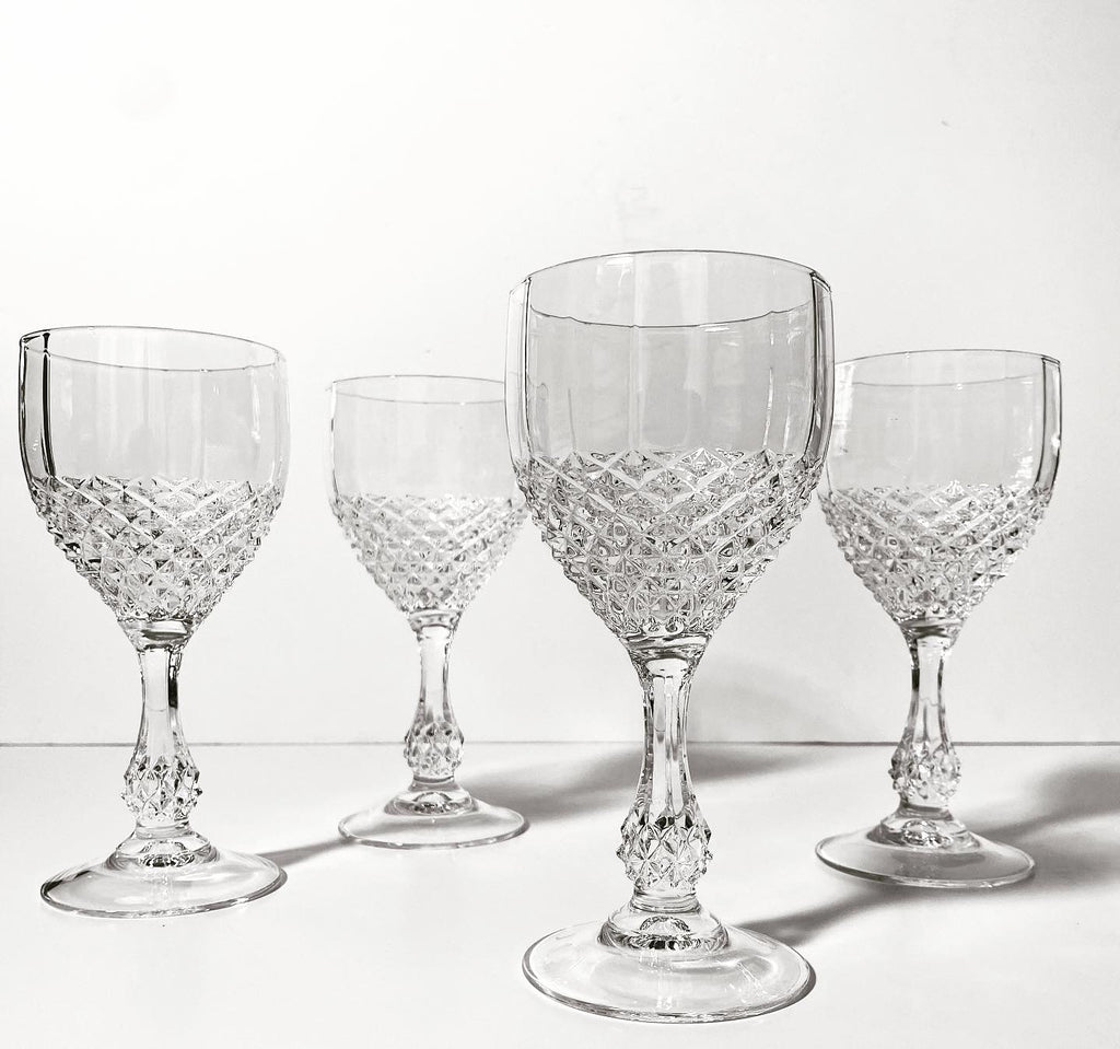 Set of Six Vintage Elegant Wine Glasses with Etched Floral Motif