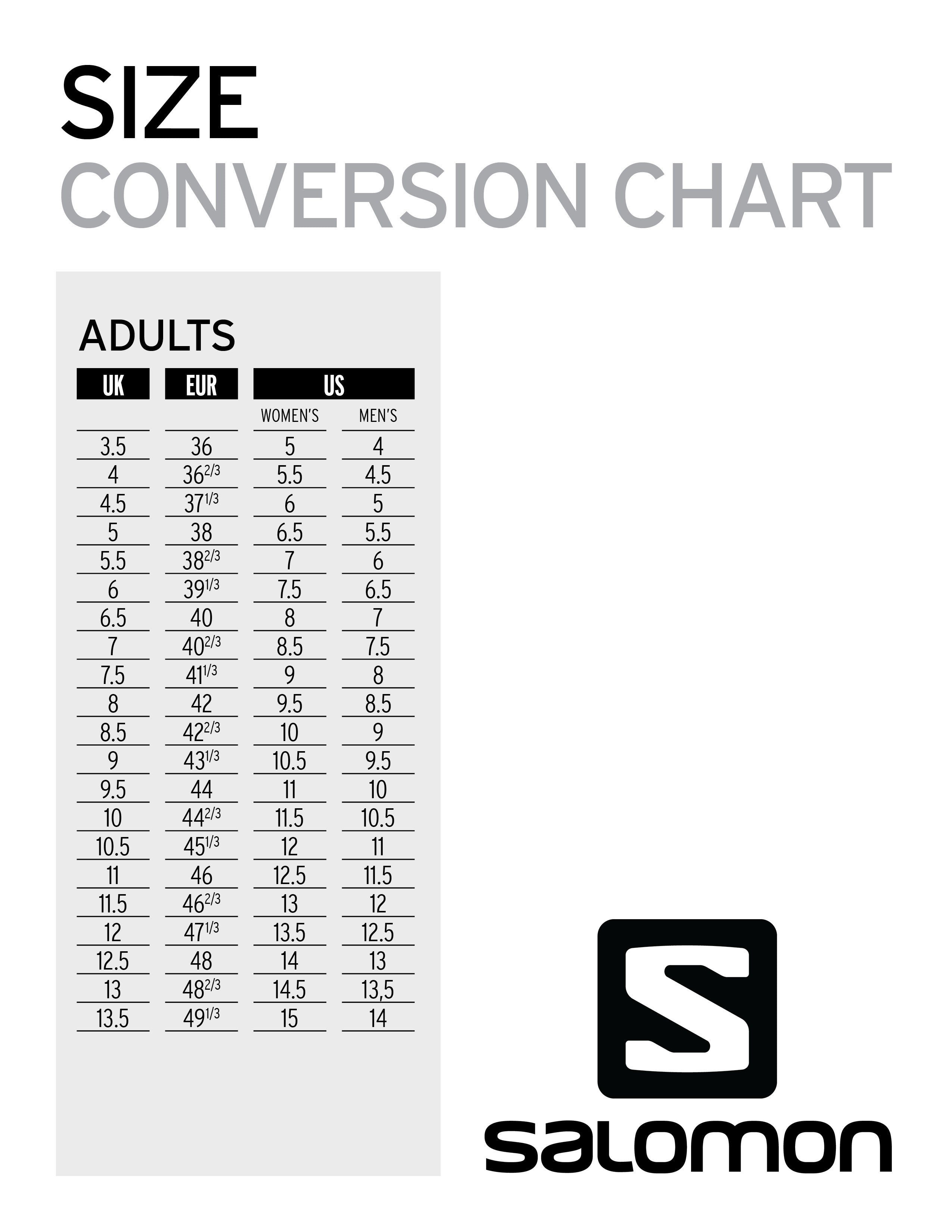 Salomon Pack Size Chart