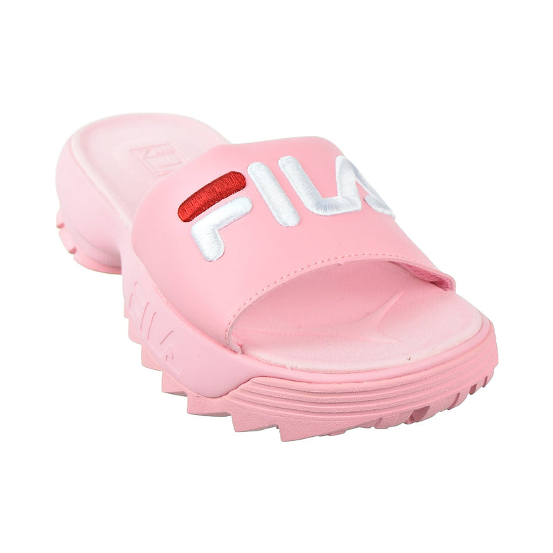 black and pink fila slides