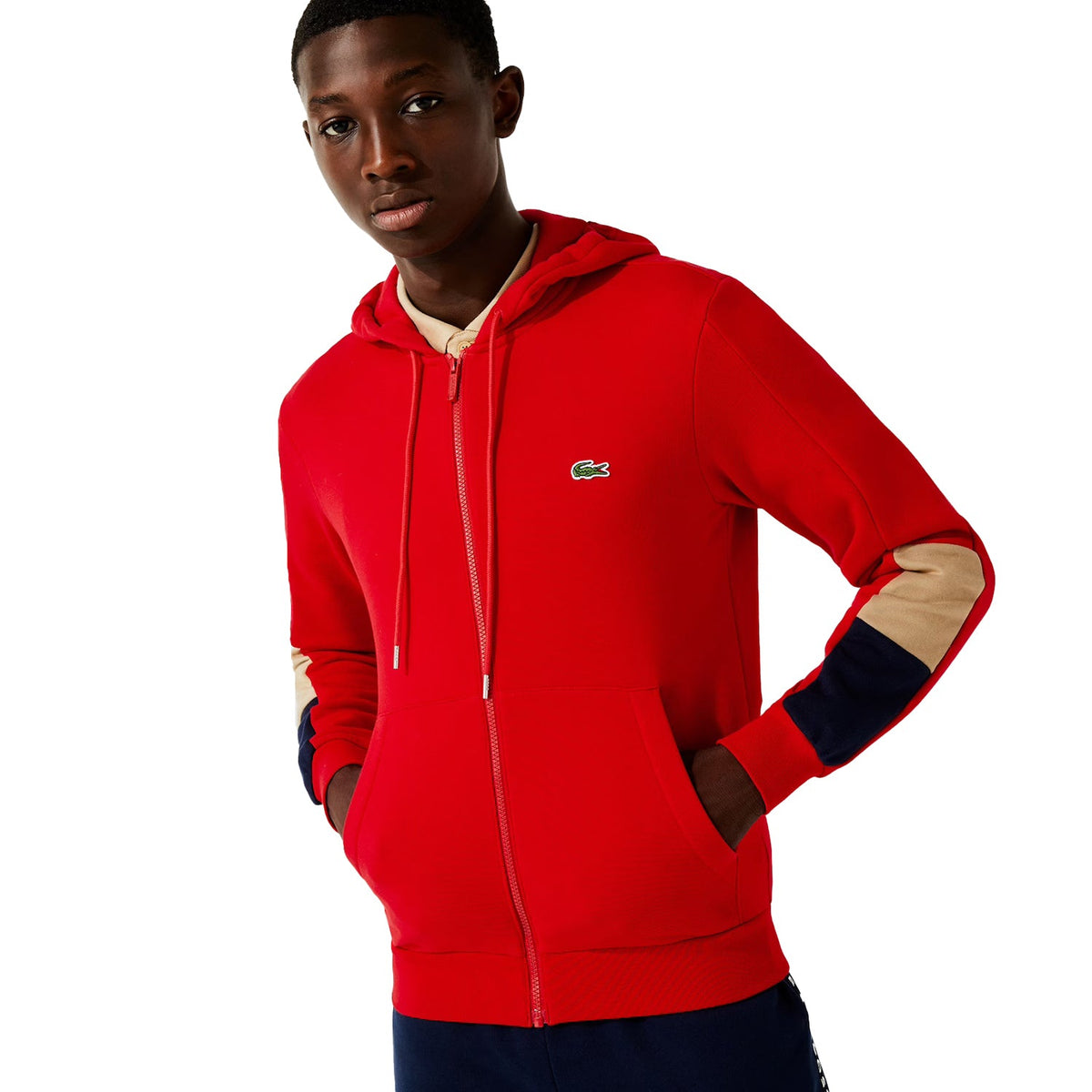 Lacoste Men's Fleece Zip Up Red-Beige-Navy – Sports Plaza NY
