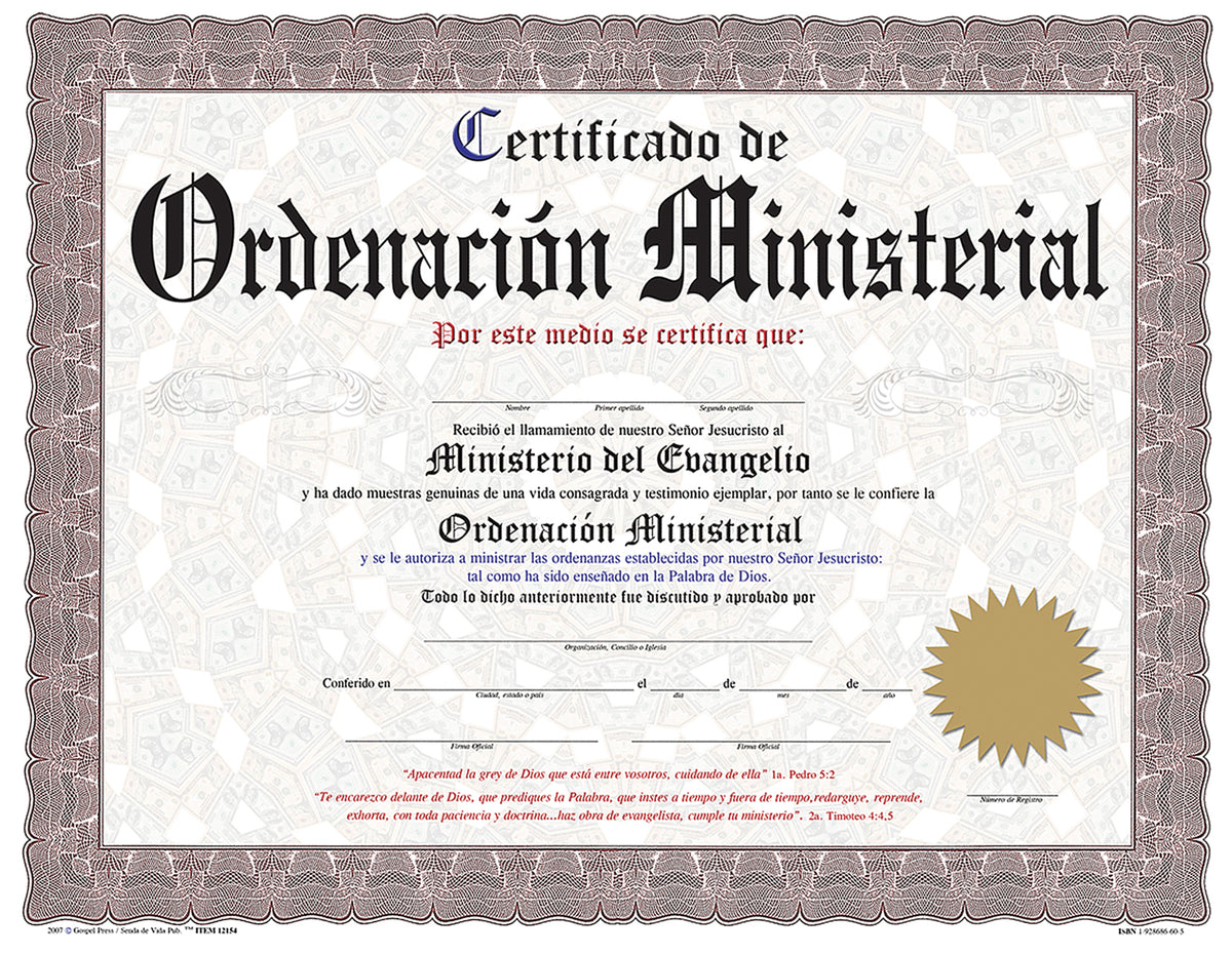 12154 CERTIFICADO DE ORDENACION MINISTERIAL - Senda de Vida