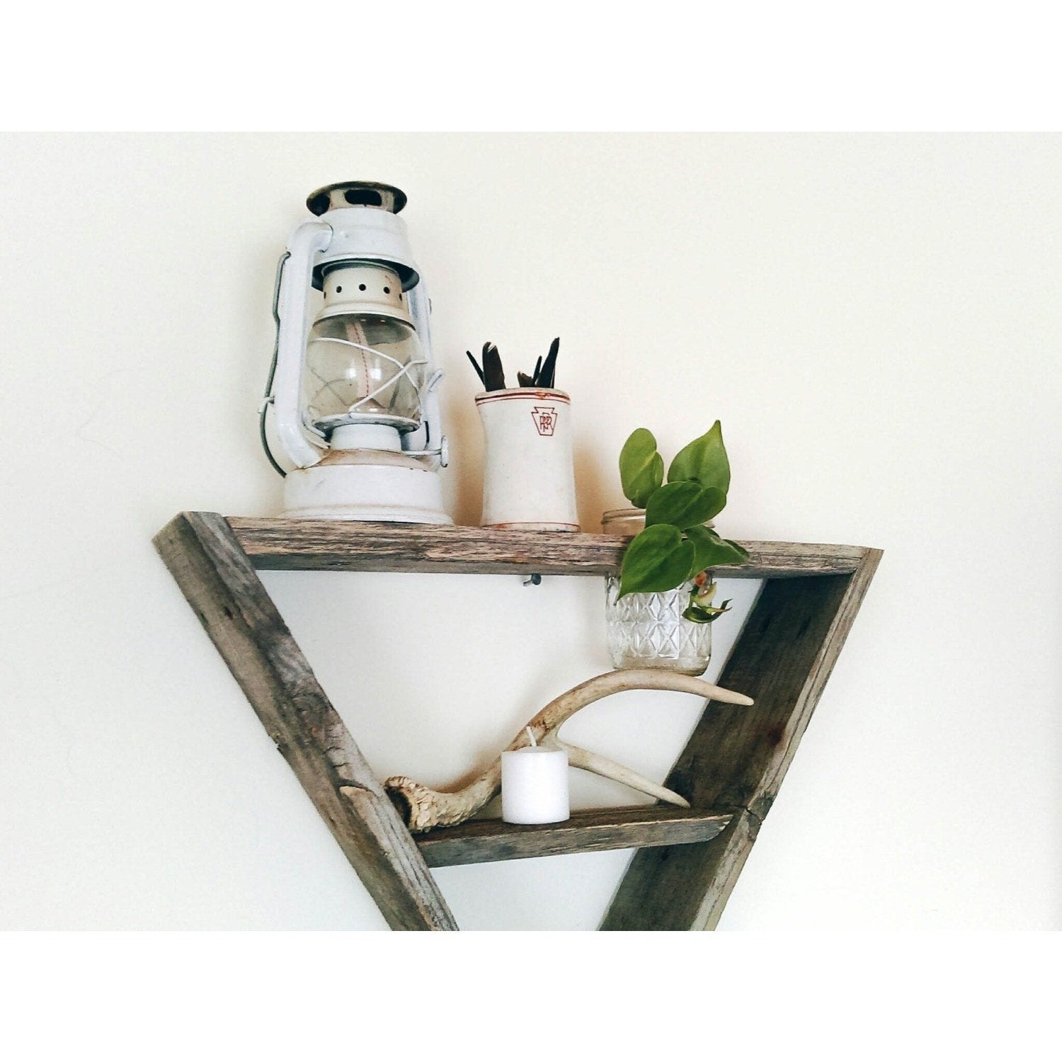 2 Reclaimed Barnwood Triangle Shelves with Mason Jar Planters - Center Shelf