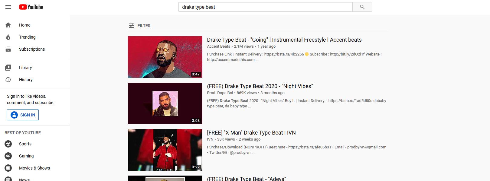 drake type beats on youtube