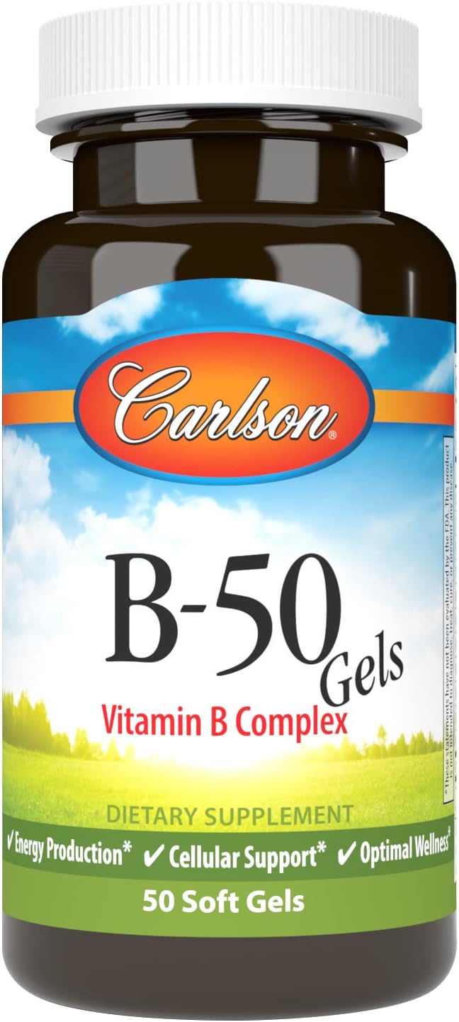 Carlson - B-50 Gels, Vitamin B Complex, Energy Production, Cellular Support & Optimal Wellness, 50 Softgels