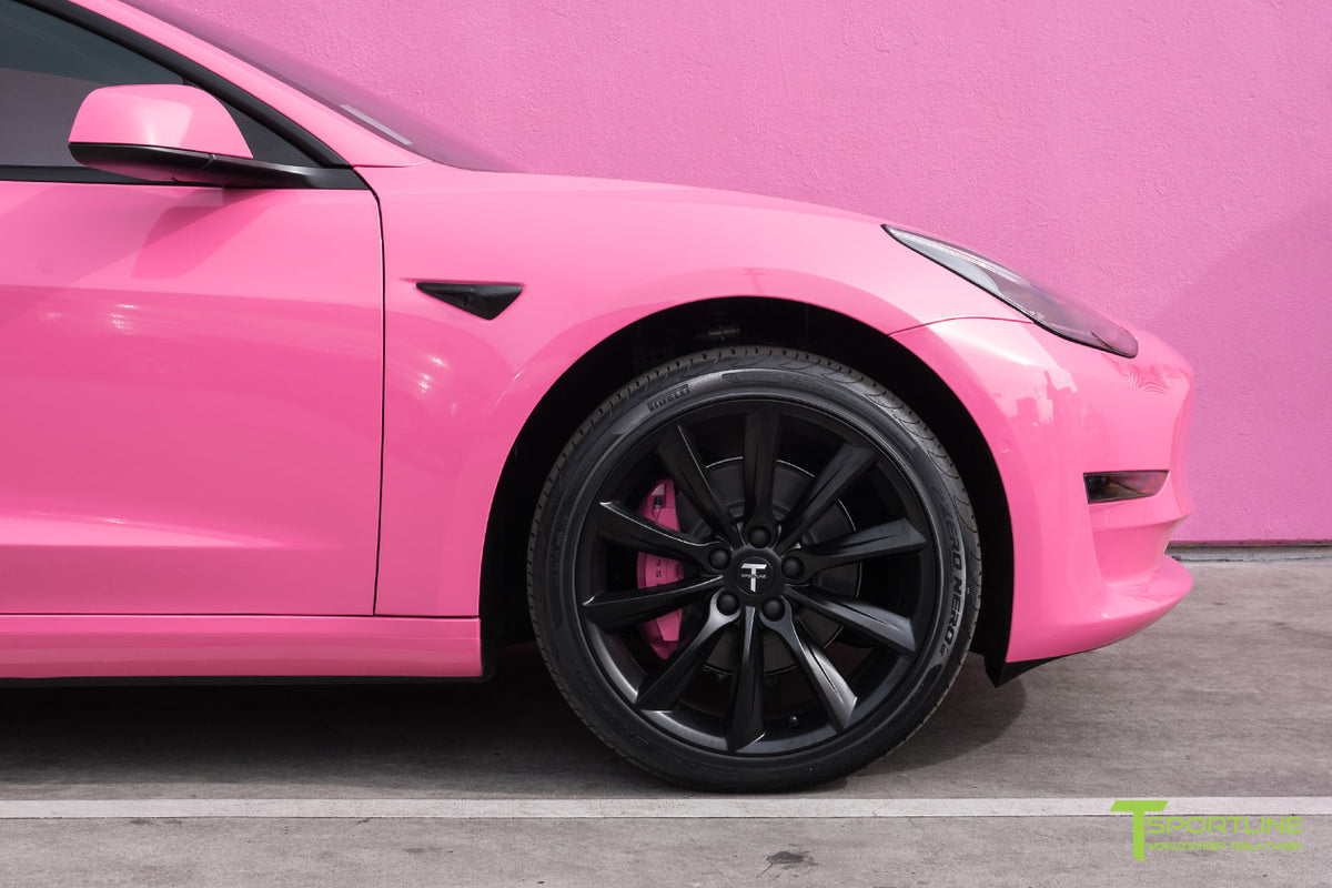 Gloss Hot Pink Tesla Model 3 with Matte Black 19 inch TST Turbine Styl