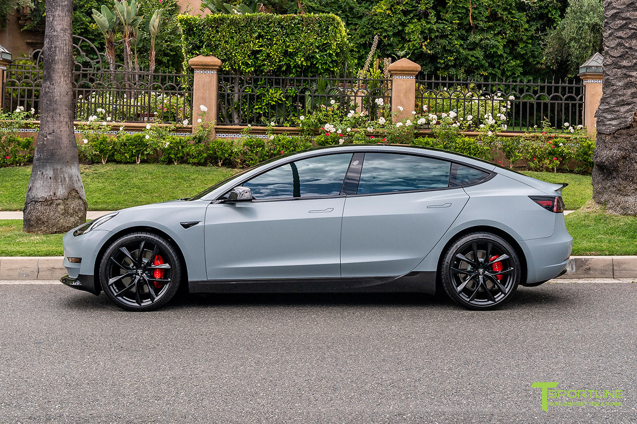 Satin Battleship Gray Performance Tesla Model 3 With Carbon Fiber Tesl T Sportline Tesla