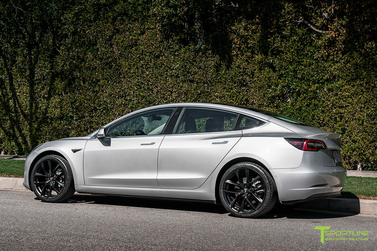 Silver Metallic Tesla Model 3 with Gloss Black 20" TSS Flow Whe