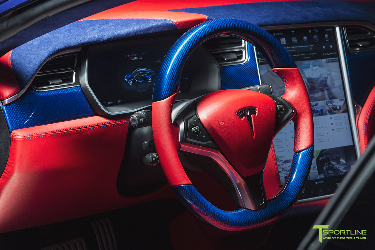 Deep Blue Metallic Tesla Model S Custom Bentley Red