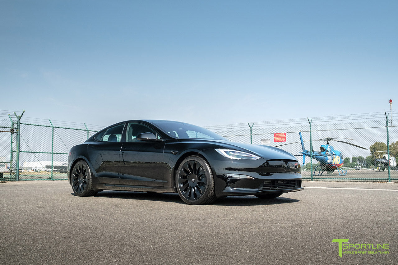 Black Tesla Model S Long Range & Plaid with Satin Black 20" TSV Tesla Aftermarket Wheels