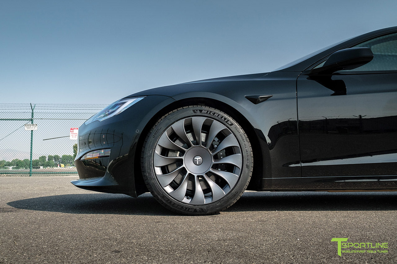 Black Tesla Model S Long Range & Plaid with Satin Gray 20" TSV Tesla Aftermarket Wheels