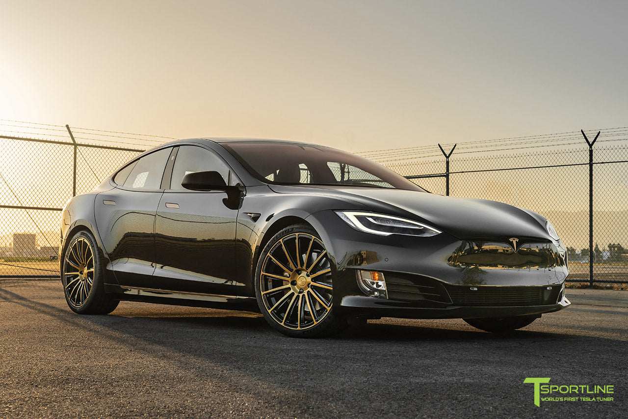 Black Tesla Model S with Black and Gold Tesla Aftermarket Forged Wheels