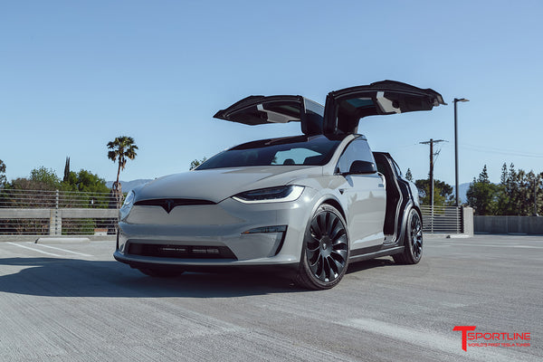 Chalk Gray Tesla Model X with 22" TSV Tesla Aftermarket Wheels in Satin Black