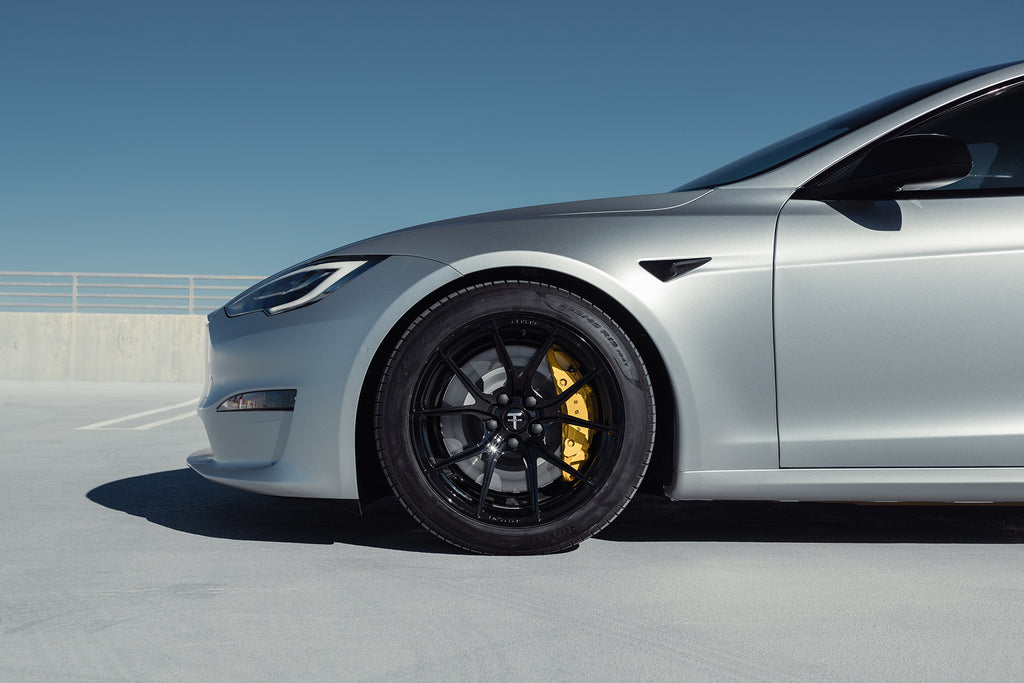 Satin White Aluminum Tesla Model S Plaid with Custom Yellow Brake Calipers