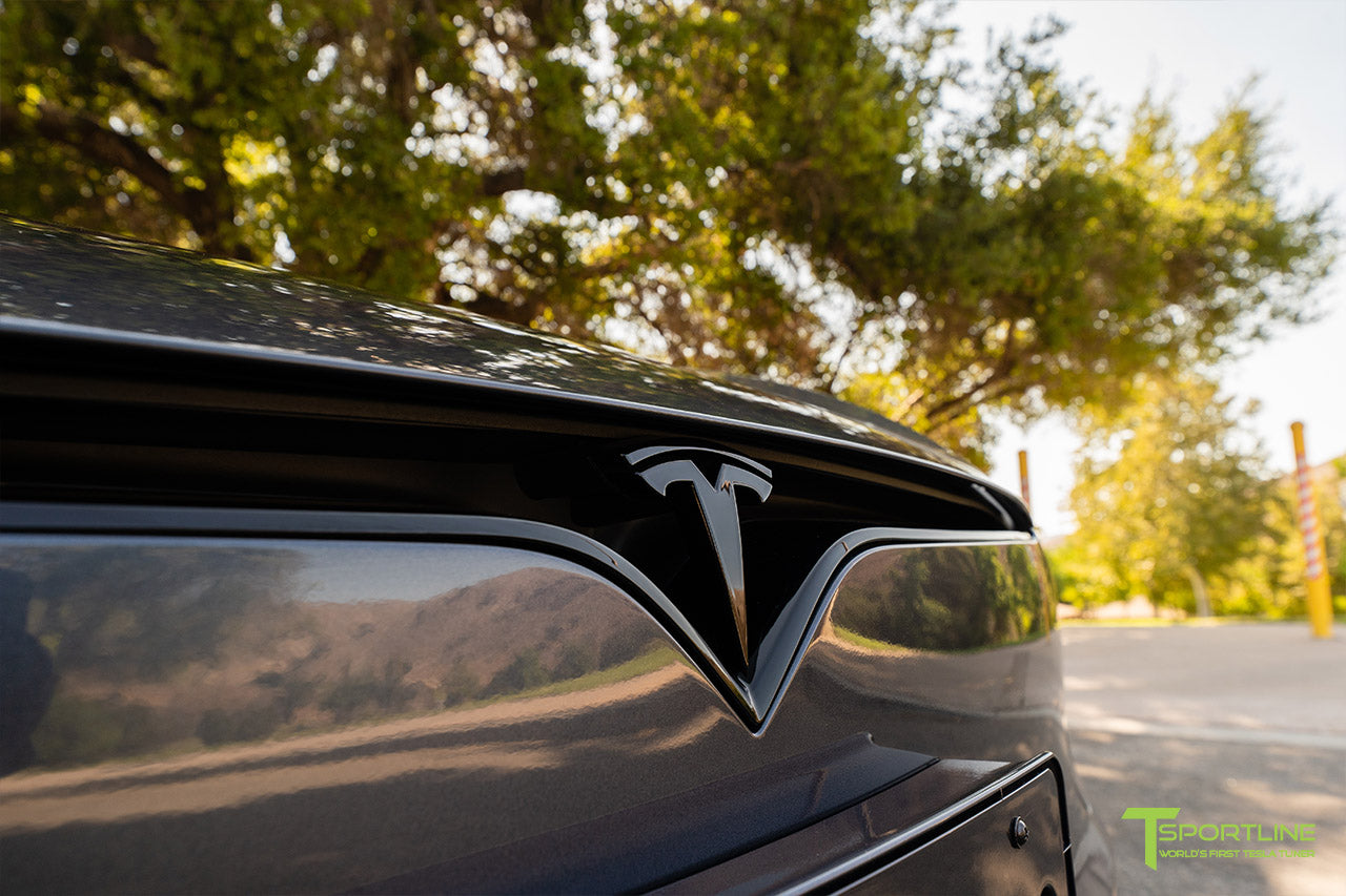 Midnight Silver Metallic Tesla Model S with Gloss Black Emblem