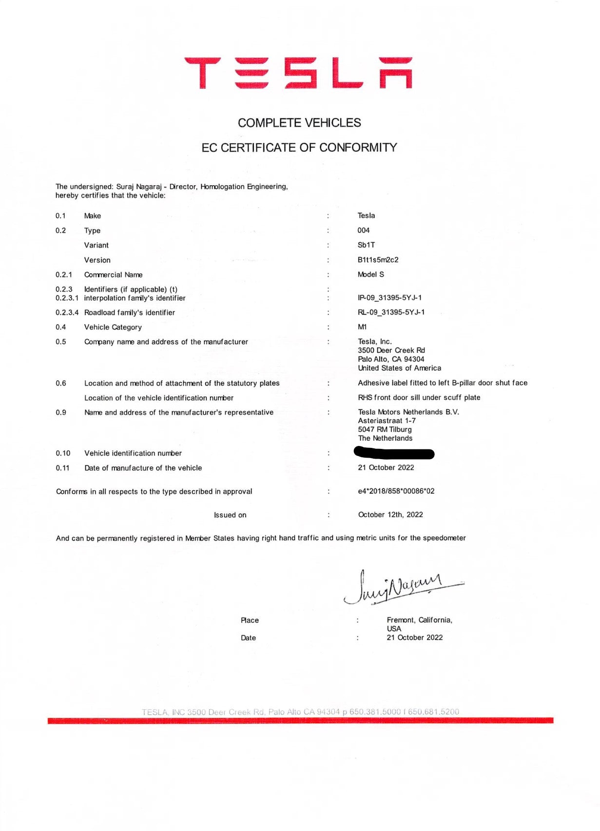 Tesla Model S Plaid Euro Spec Certificate of Conformity