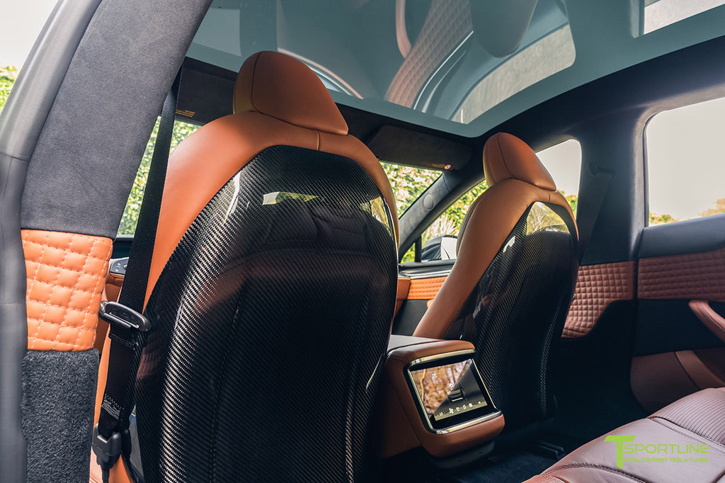 Model S Plaid Bentley Saddle Leather Interior with Gloss Carbon Fiber Trim