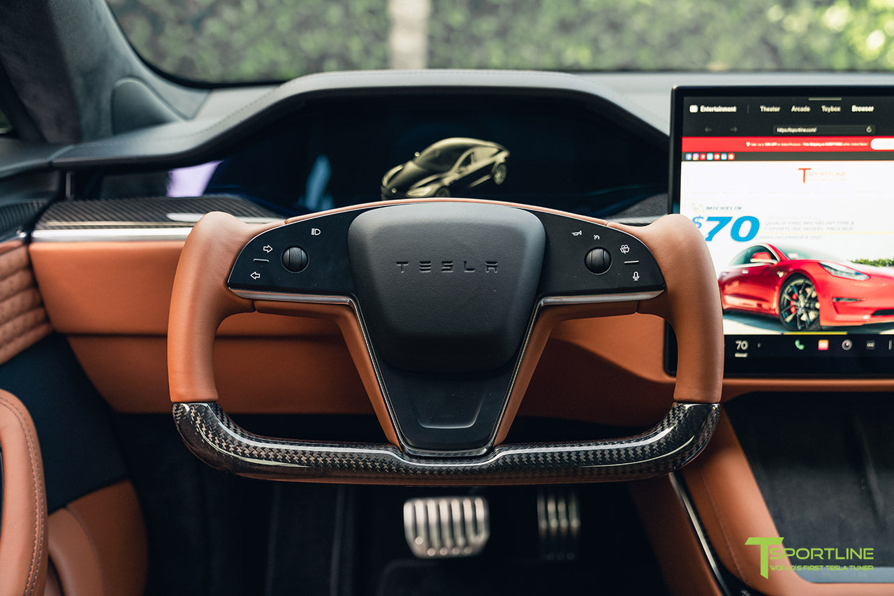 Bentley Saddle Custom Tesla Model S Interior with Carbon Fiber Yoke Steering Wheel