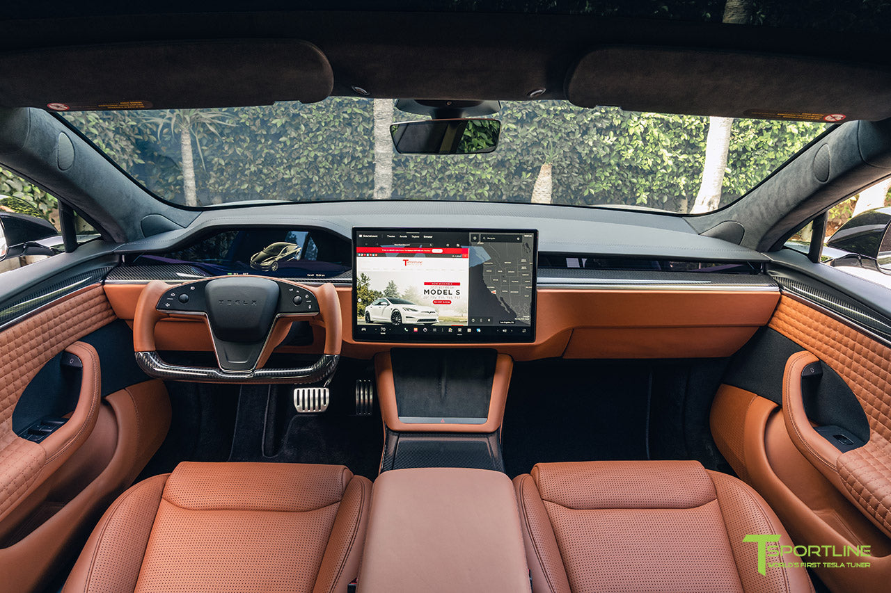 Bentley Saddle Custom Tesla Model S Interior with Carbon Fiber Yoke Steering Wheel and Trim