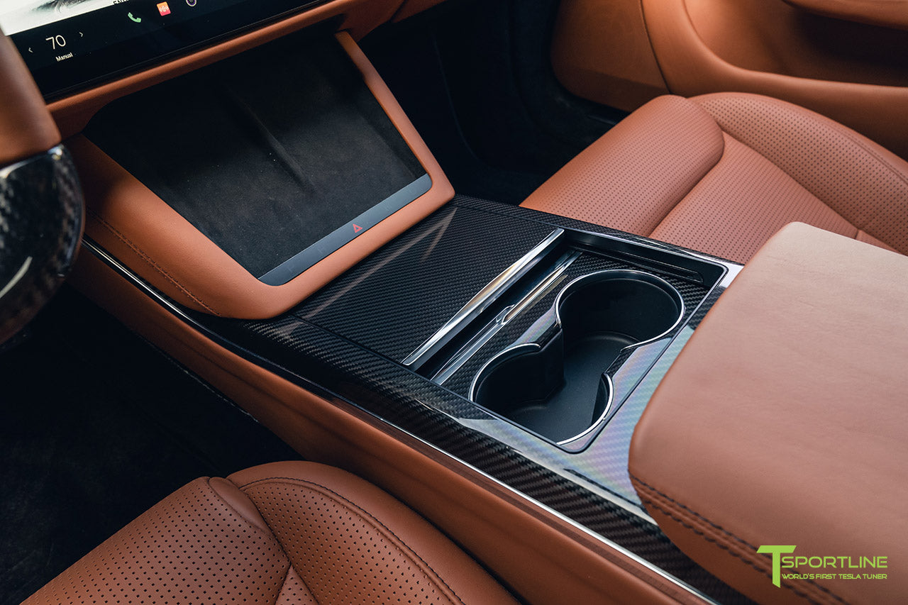 Bentley Saddle Tesla Model S Custom Interior with Gloss Carbon Fiber Trim