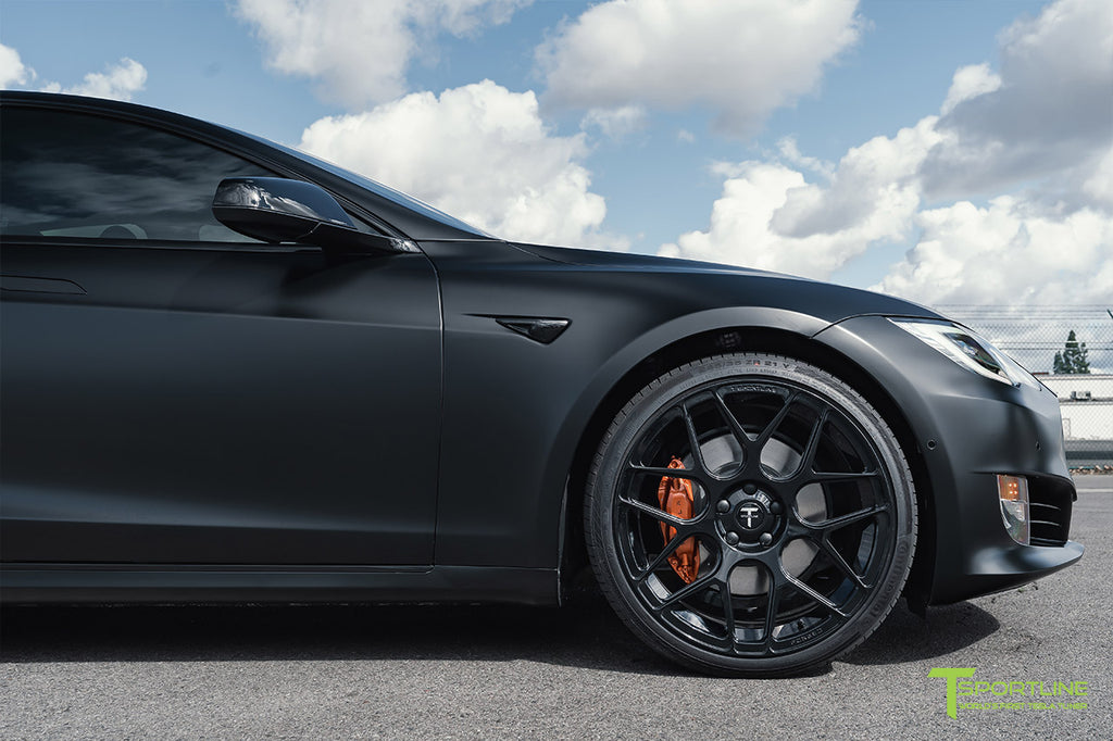 Xpel Stealth Black Tesla Model S Performance with 20 inch TS117 Gloss Black Aftermarket Wheels, Gloss Black Chrome Delete, Burnt Orange Brake Calipers by T Sportline