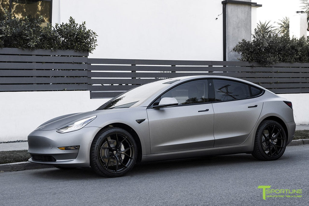 3M Matte Metallic Gunmetal Tesla Model 3 - Black Leather Diamond - T  Sportline - Tesla Model S, 3, X & Y Accessories