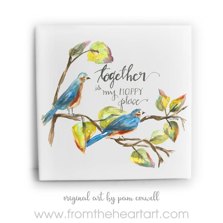 Bluebirds Together Ceramic Tile by Pam Coxwell