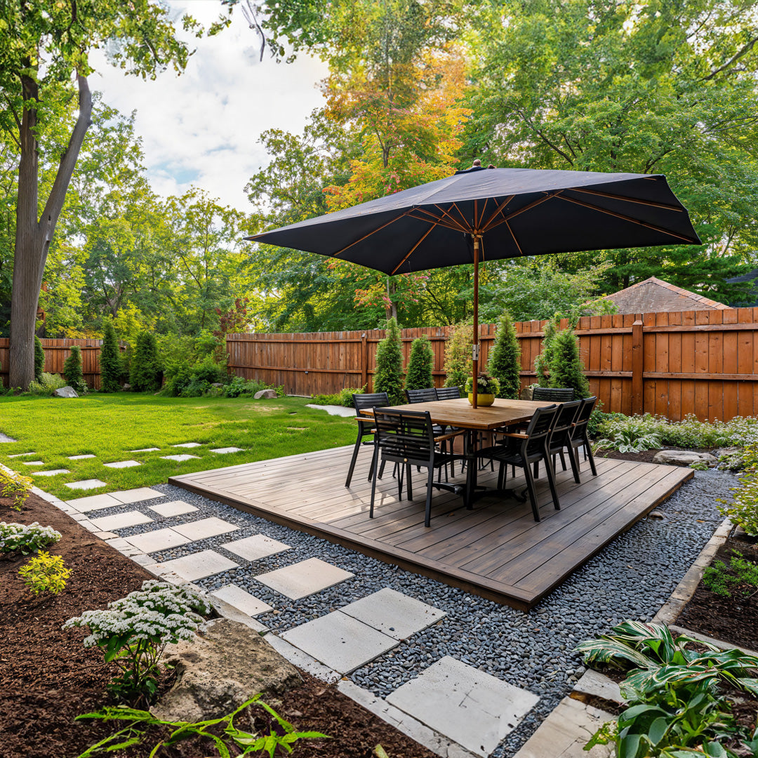 This first deck shows how you can build out from your home to create a patio deck, and extend the living space in your house. This type of deck is perfect for an outdoor living area. Think about using stones around the deck to frame it. The symetrical plants at either corner of the deck along with the L shaped couch make this a perfect place to sit and enjoy the outdoors that leads perfect out to your garden. This type of deck is also perfect in winter where the stone and paved pathway allow you to stay out of the mud whilst still using the space.