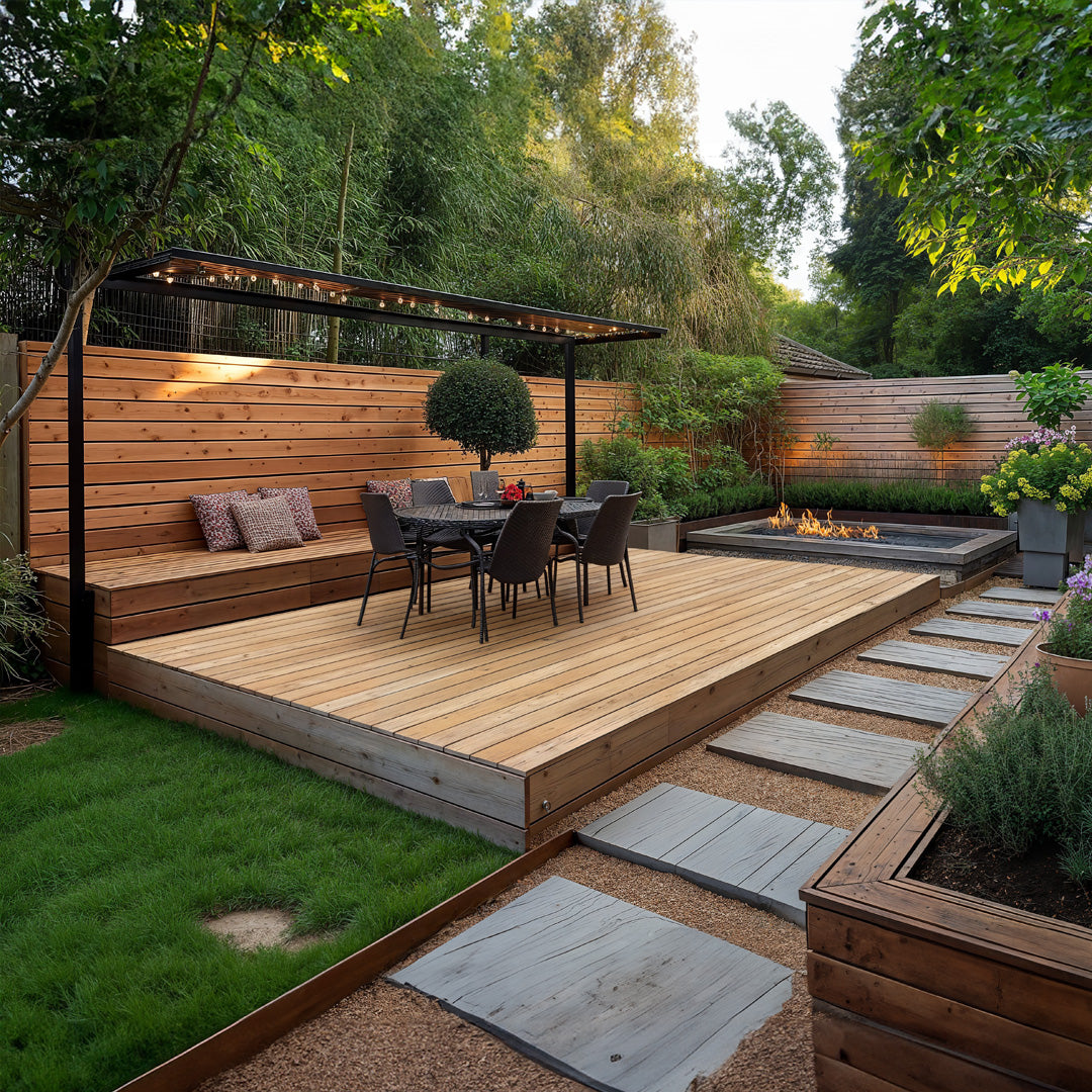 This first deck shows how you can build out from your home to create a patio deck, and extend the living space in your house. This type of deck is perfect for an outdoor living area. Think about using stones around the deck to frame it. The symetrical plants at either corner of the deck along with the L shaped couch make this a perfect place to sit and enjoy the outdoors that leads perfect out to your garden. This type of deck is also perfect in winter where the stone and paved pathway allow you to stay out of the mud whilst still using the space.