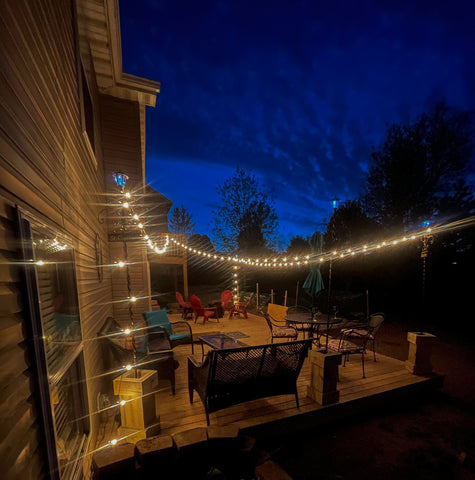 deck, deck build, patio, festoon lights, fire pit, buildtuff, tuffblock